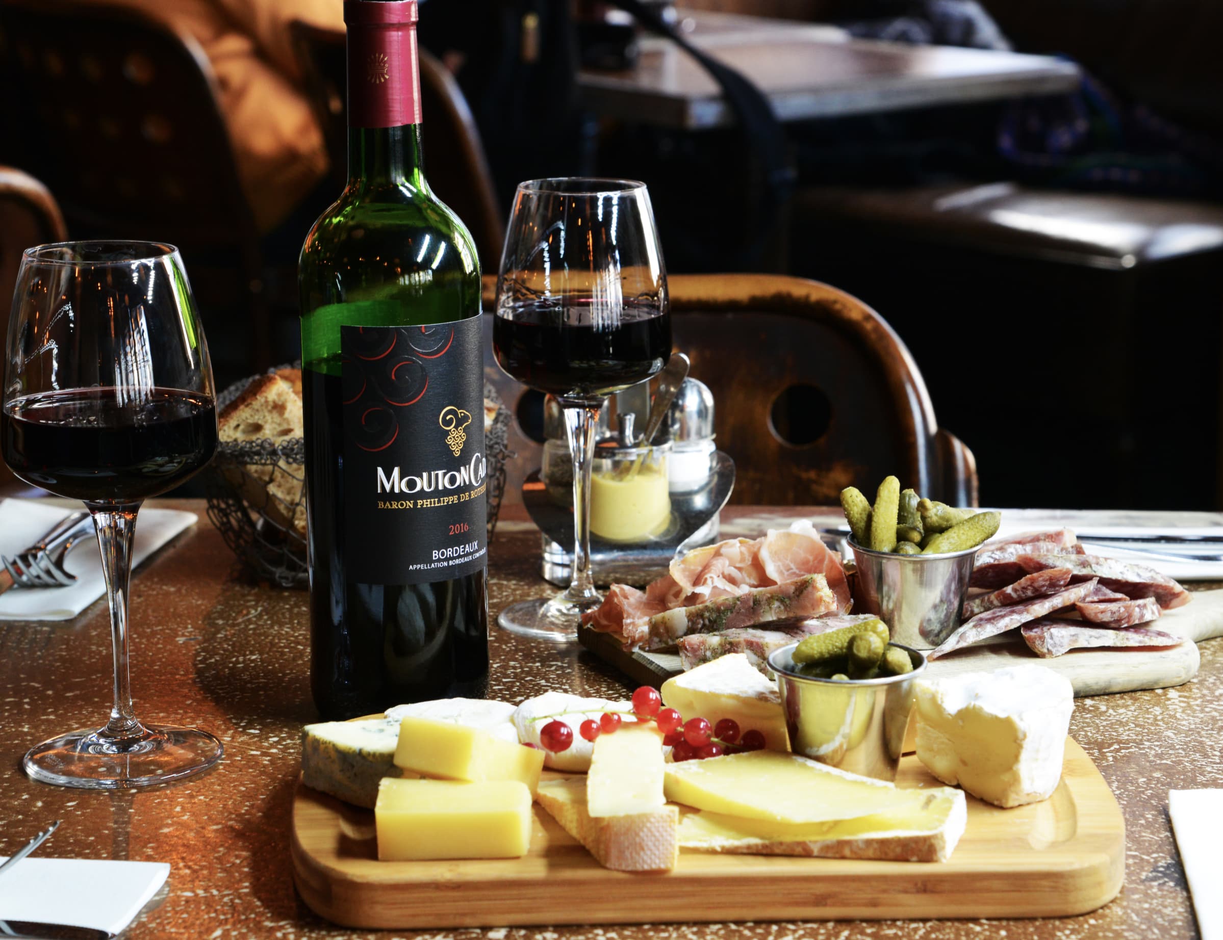 French restaurant, cheese and wine